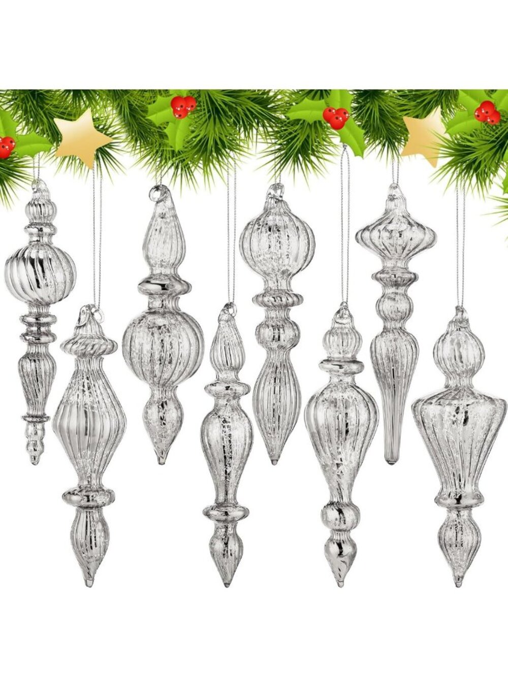 8 Pcs 6 Inch Silver Mercury Glass Finial Christmas Ornaments - Holiday Decor